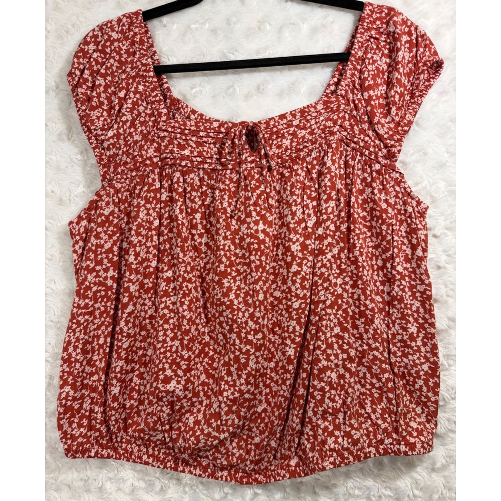 Old Navy Womens XL Rust Red Floral Square Neck Flutter Sleeve Elastic Hem blouse
